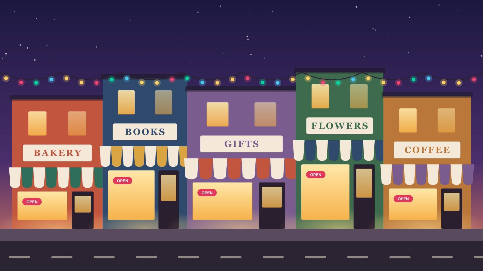An illustrated row of small-town storefronts at dusk, a bakery, bookshop, gift shop, florist and coffee shop, with lit windows and string lights.