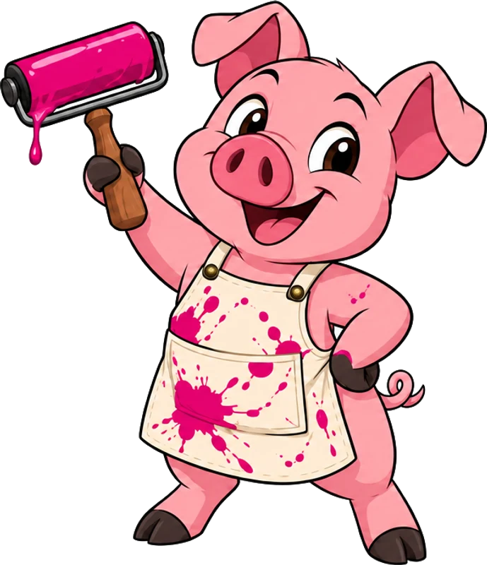 The Pressed Pig, a cartoon pig in an ink-splattered apron, holding his ink roller