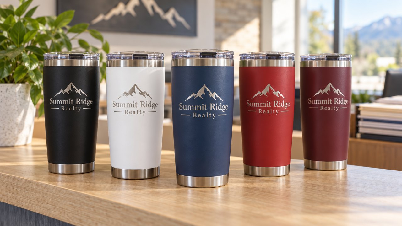 Logo tumblers: 20 oz double-wall insulated stainless steel, 7 in tall, 3.4 in across, with a clear slide-lock lid. Hand wash. Logo area about 2.5 x 2 in on each side, engraved, printed in one ink color, or printed in full color.