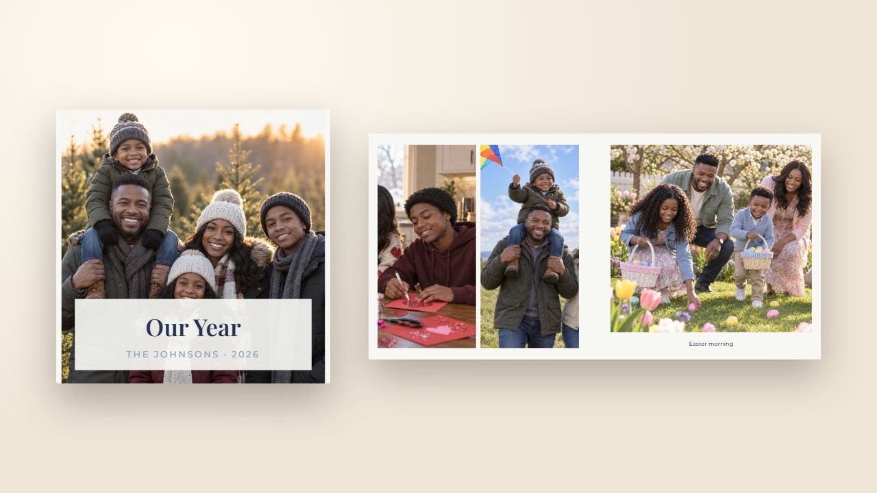 A square photo book titled Our Year, next to an open spread of family photos with the caption Easter morning.