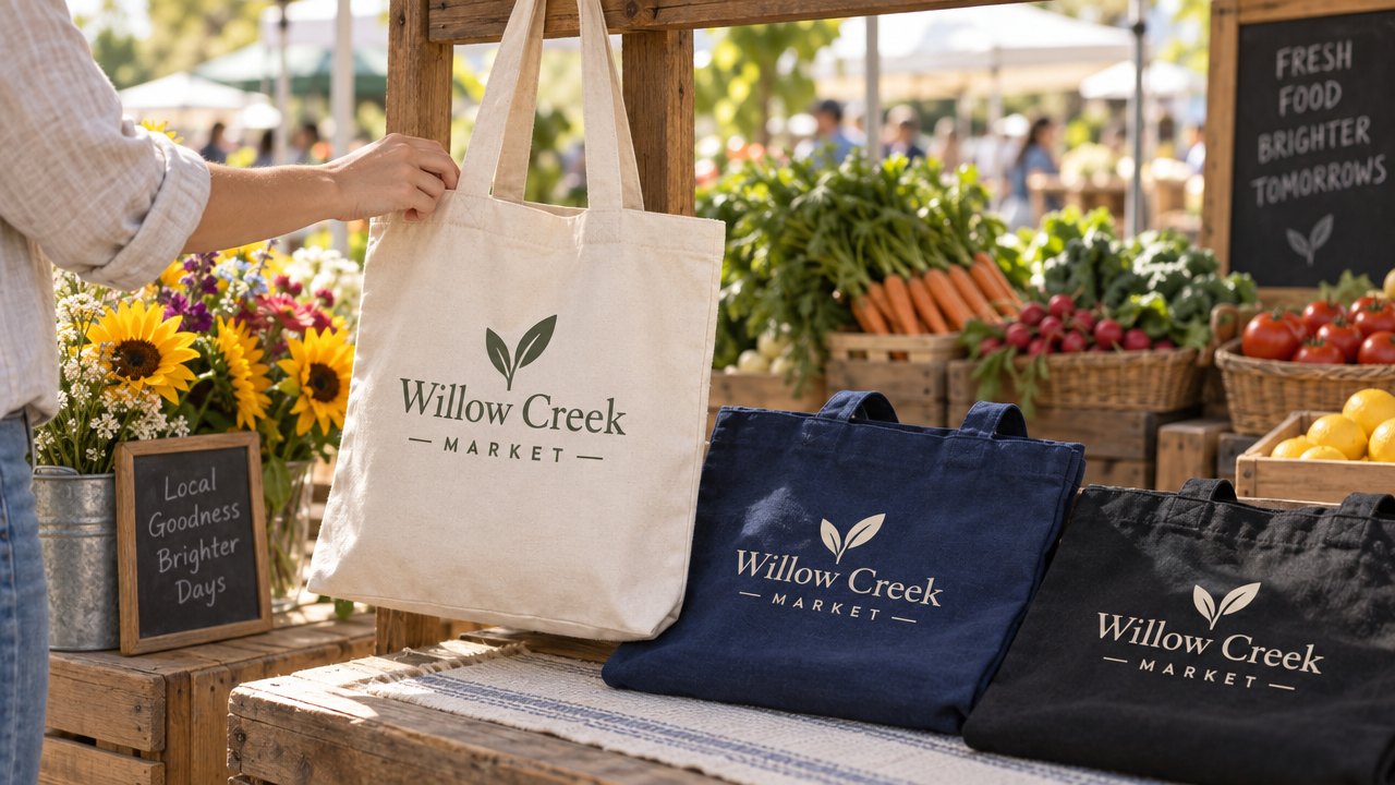 Logo tote bags: 4 oz cotton canvas, 15 x 15 in, with 28 in handles. Print area up to 8 x 8 in on each side. Screen printed in one or two ink colors, printed in full color, or embroidered.